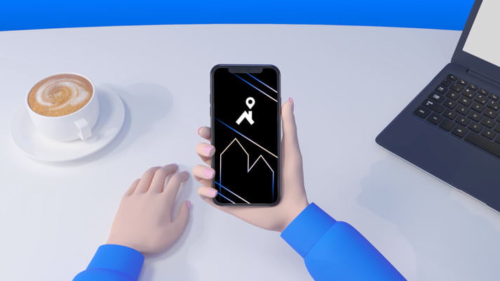 Animated person keeps a phone on the right hand having a flat white on the table | Cian